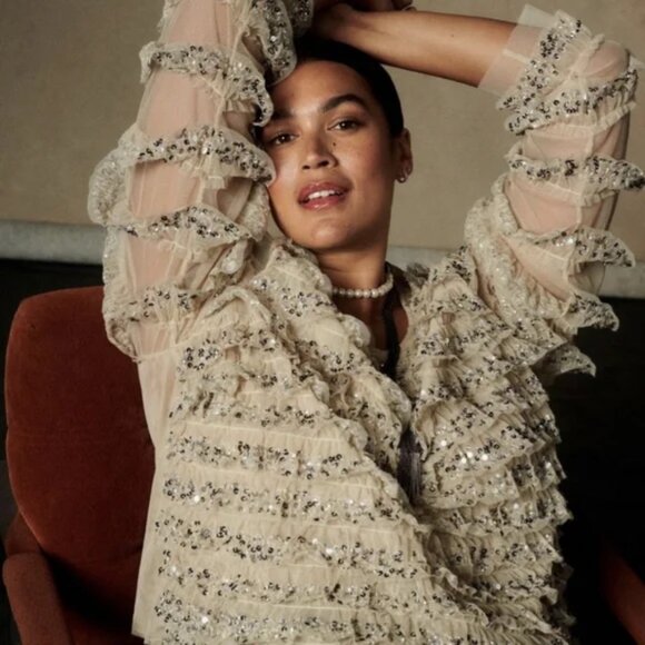 LetMeBe Anthropologie Silver Sequins Taupe Tulle Ruffles Blouse Size M - Picture 3 of 7